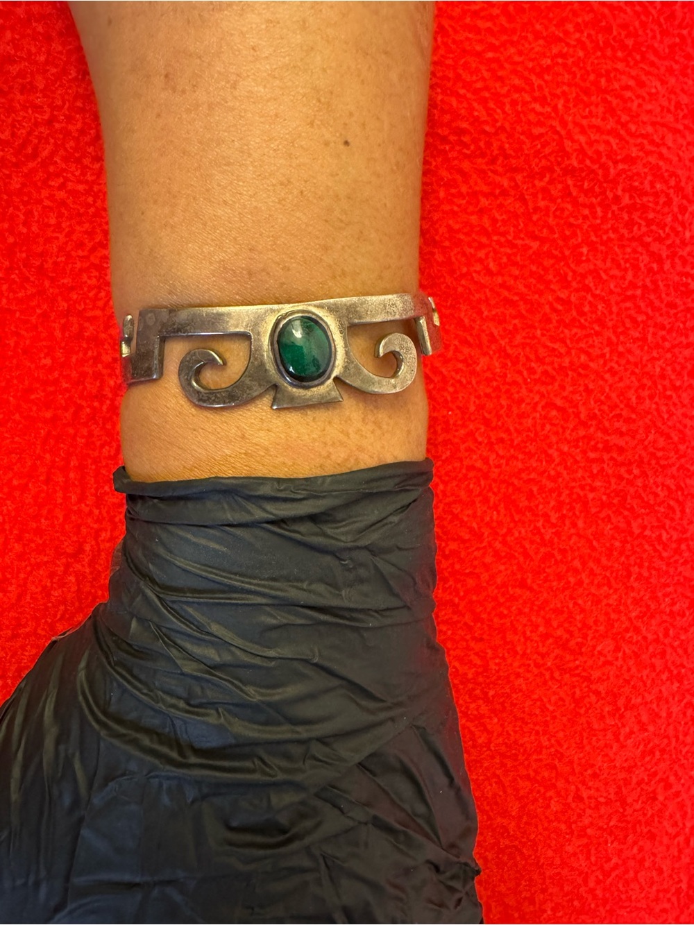 Vintage 925 Mexican Cuff Bracelet Sterling Silver Green Stone 24 Grams